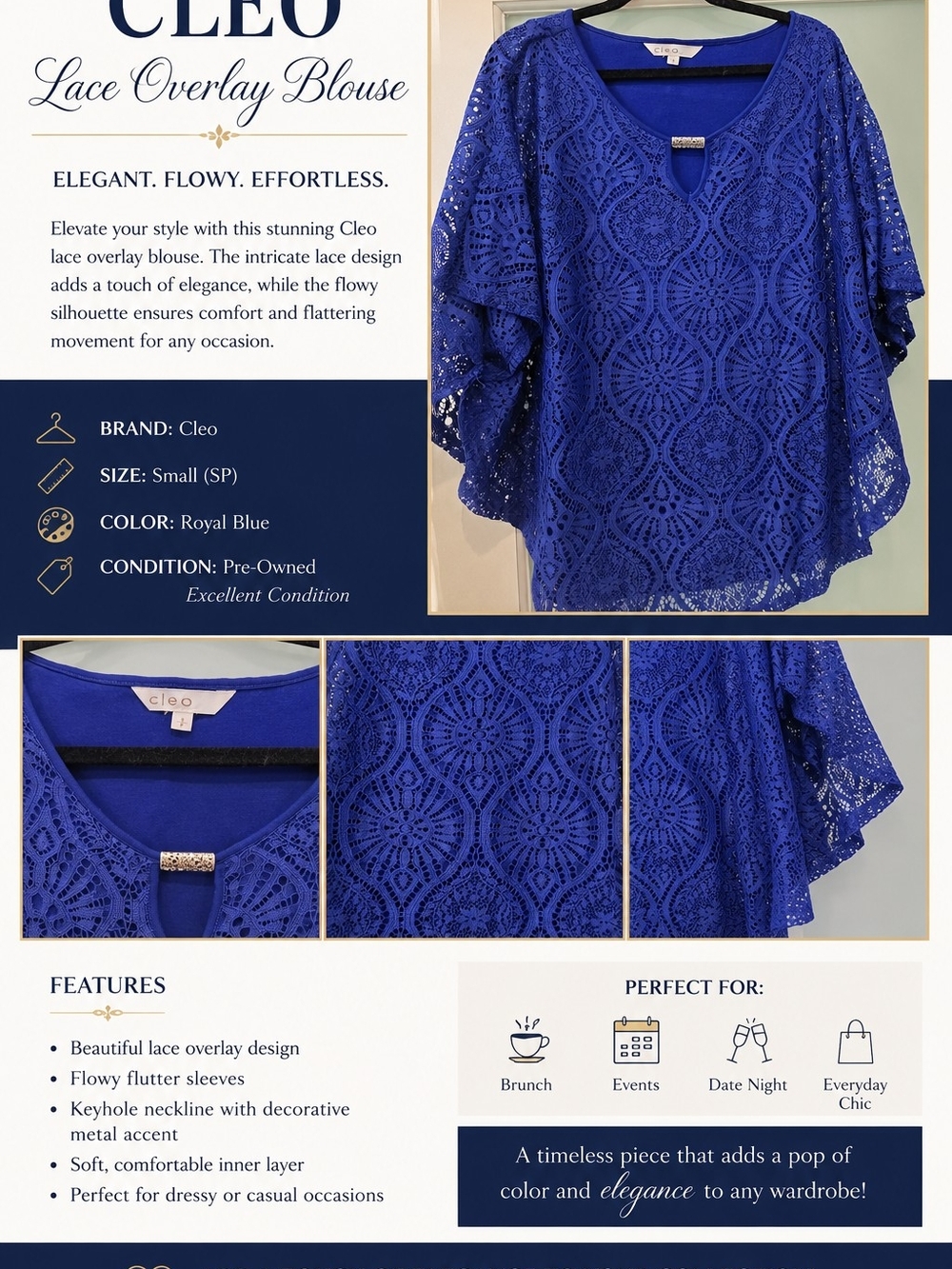 Cleo Royal Blue Lace Overlay Blouse
